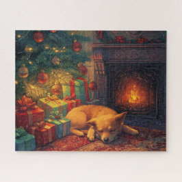 Een schattige puppy die slaapt bij een open haard legpuzzel