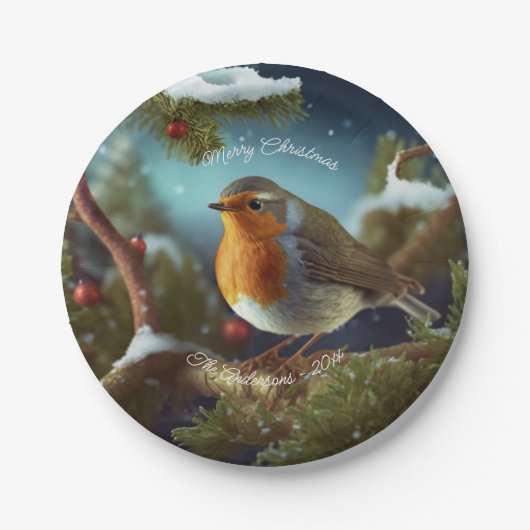 Een schattige Robin op een kerstboompapier Bord (Voorkant)