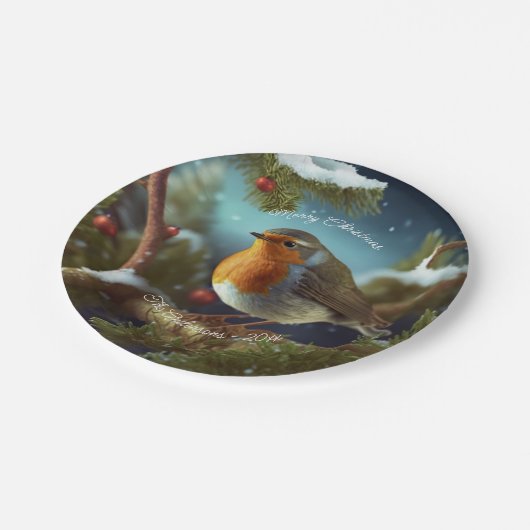 Een schattige Robin op een kerstboompapier Bord (Gekanteld)