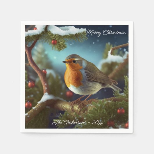 Een schattige Robin op een kerstboompapier Bord Servet (Voorkant)