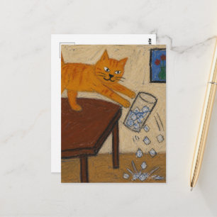 Een schattige rode kat slaat een glas ijs om briefkaart