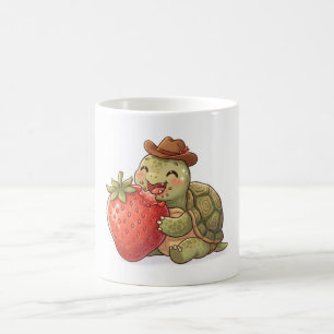 een schattige schildpad eet een aardbei koffiemok