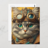 Een schattige steampunk grijze kat briefkaart (Voorkant / Achterkant)