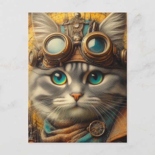 Een schattige steampunk grijze kat briefkaart (Voorkant)