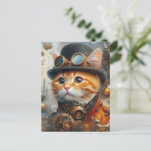 Een schattige steampunk kat briefkaart (Staand voorkant)