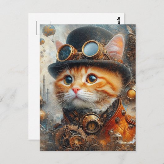 Een schattige steampunk kat briefkaart (Voorkant / Achterkant)