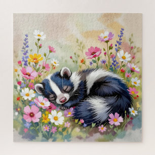 Een Schattige Stinkdier die in Bloemen Slaapt Legpuzzel