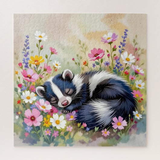 Een Schattige Stinkdier die in Bloemen Slaapt Legpuzzel (Verticaal)