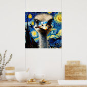Een schattige struisvogel in een sterrennacht brie poster (Keuken)