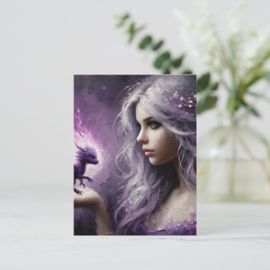 Een Schattige Tiny Paarse Dragon en Lady Briefkaart (Staand voorkant)