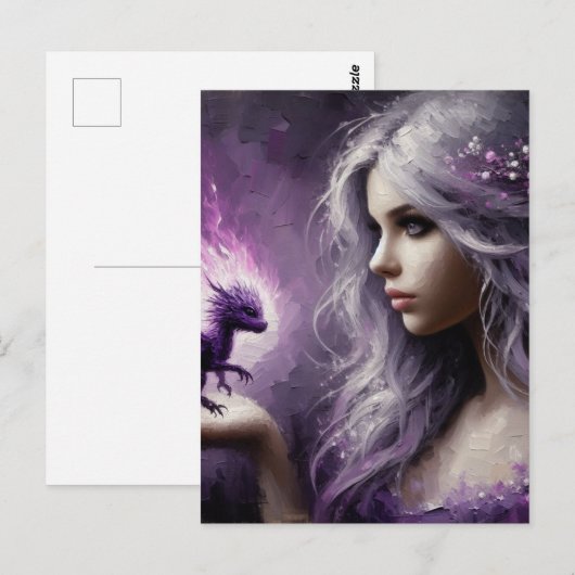 Een Schattige Tiny Paarse Dragon en Lady Briefkaart (Voorkant / Achterkant)