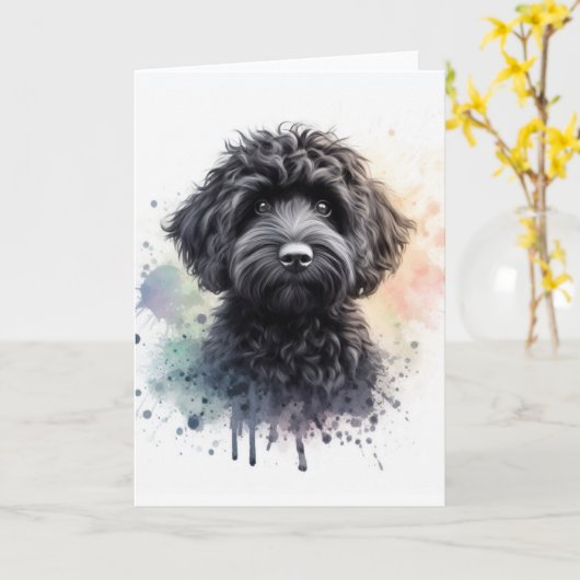 Een schattige zwarte cockapoo kaart (Gele Bloem)