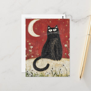 Een Schattige Zwarte Kat Folk Art Briefkaart