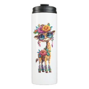 Een Schattigee Baby-Giraffe met bloemen- en veerac Thermosbeker