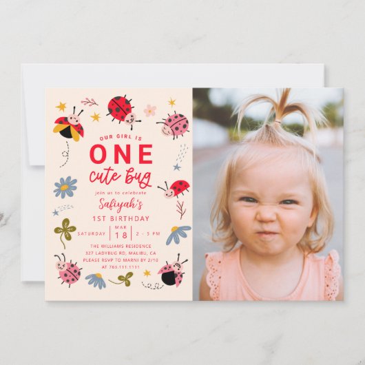 EEN Schattigee Bug Ladybug 1e Verjaardag Party Fot Kaart (Voorkant)