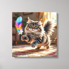Een Schattigee donzige kat die een veer achterna z Canvas Afdruk