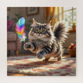 Een Schattigee donzige kat die een veer achterna z Legpuzzel