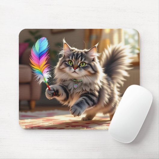 Een Schattigee donzige kat die een veer achterna z Muismat (Met muis)