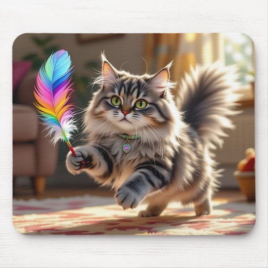 Een Schattigee donzige kat die een veer achterna z Muismat (Voorkant)