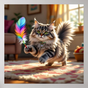 Een Schattigee donzige kat die een veer achterna z Poster