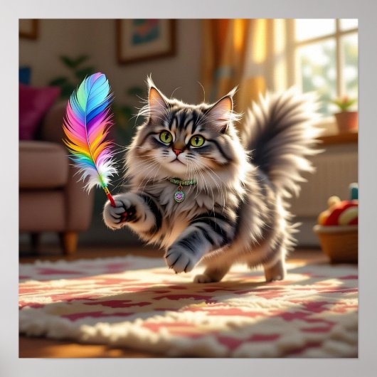 Een Schattigee donzige kat die een veer achterna z Poster (Voorkant)