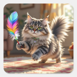 Een Schattigee donzige kat die een veer achterna z Vierkante Sticker