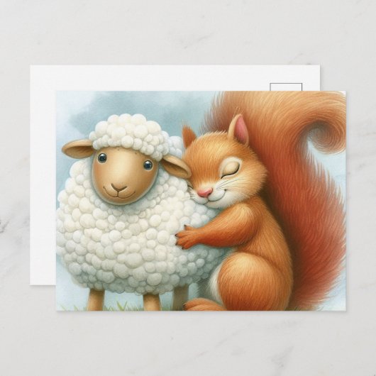 Een Schattigee eekhoorn knuffelt een schaap Briefkaart (Voorkant / Achterkant)