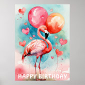 Een Schattigee flamingo met ballons hart verjaarda Poster (Voorkant)