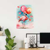Een Schattigee flamingo met ballons hart verjaarda Poster (Thuiskantoor)