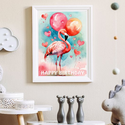 Een Schattigee flamingo met ballons hart verjaarda Poster
