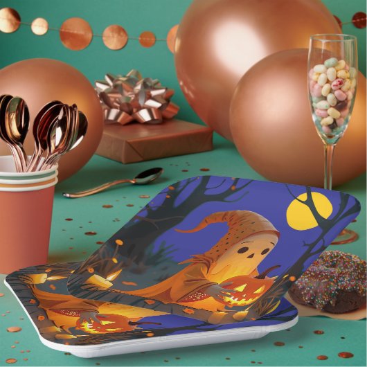 Een Schattigee geest met een pompoen Jackolantern Papieren Bordje (Multi)