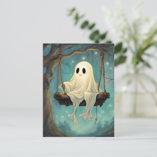 Een Schattigee geest op een schommel Briefkaart (Staand voorkant)