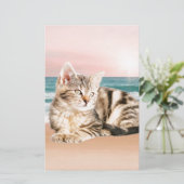 Een Schattigee Gestreepte Kat Zittend op Strand me Briefpapier (Staand voorkant)