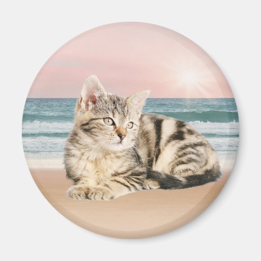 Een Schattigee Gestreepte Kat Zittend op Strand me Magneet (Voorkant)