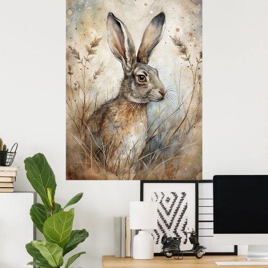 Een Schattigee haas in het bos Poster (Thuiskantoor)