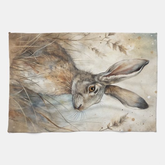 Een Schattigee haas in het bos Theedoek (Horizontaal)