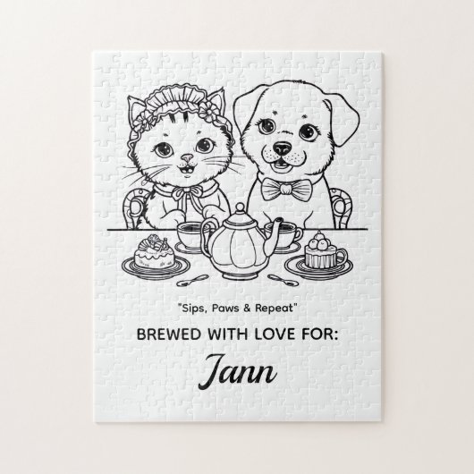 Een Schattigee kat en hond Tea Party Jigsaw Puzzel (Verticaal)