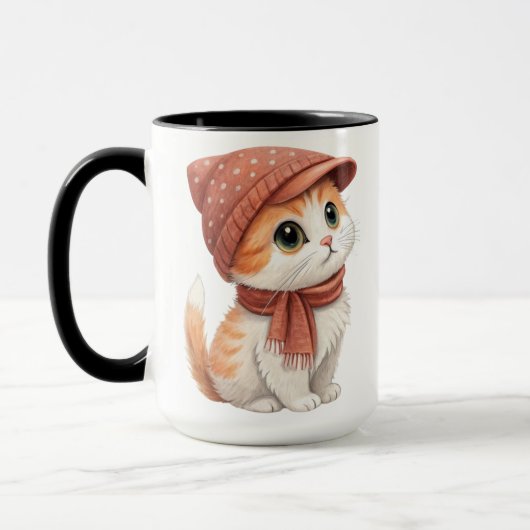 Een Schattigee kat, Pet en sjaal pastelkleur Mok (Links)