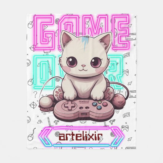 Eén Schattigee Kawaii Gamer Cat, game over Print Fleece Deken (Voorkant)