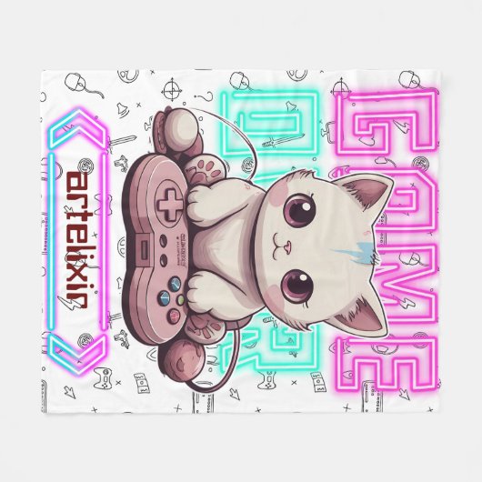 Eén Schattigee Kawaii Gamer Cat, game over Print Fleece Deken (Voorkant (Horizontaal))