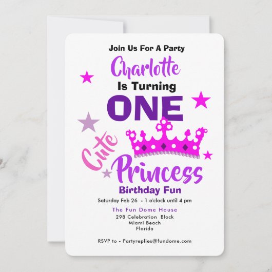 Een Schattigee prinses 1e verjaardag gepersonalise Kaart (Voorkant)