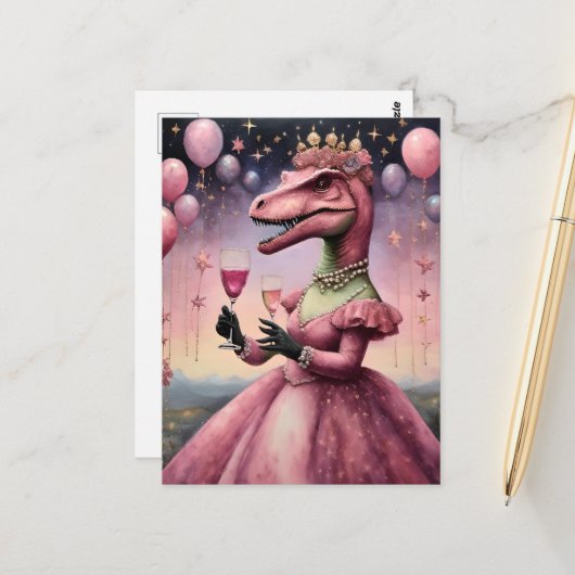 Een Schattigee roze dino in een jurk Briefkaart (Voorkant / Achterkant in situ)