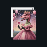 Een Schattigee roze dino in een jurk Briefkaart<br><div class="desc">Een leuke roze dino in haar roze jurkje met twee volwassen drinken in haar hand met roze ballonnen op de achtergrond AI Generated Art</div>