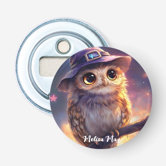 Een Schattigee uil met een heks Pet Button Flesopener (Voorkant)