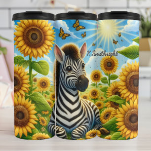 Een Schattigee Zebra in een zonnebloemveld Thermosbeker