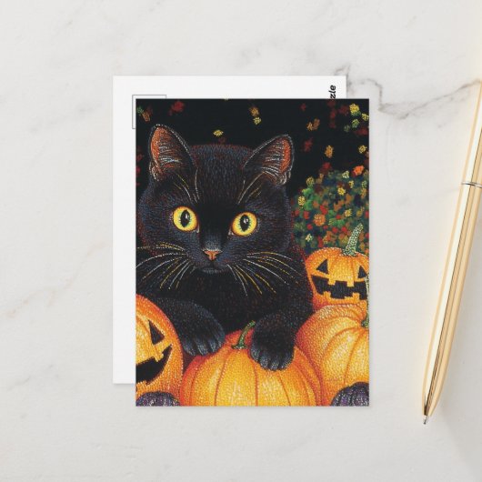 Een Schattigee zwarte kat in de Halloween pompoene Briefkaart (Voorkant / Achterkant in situ)