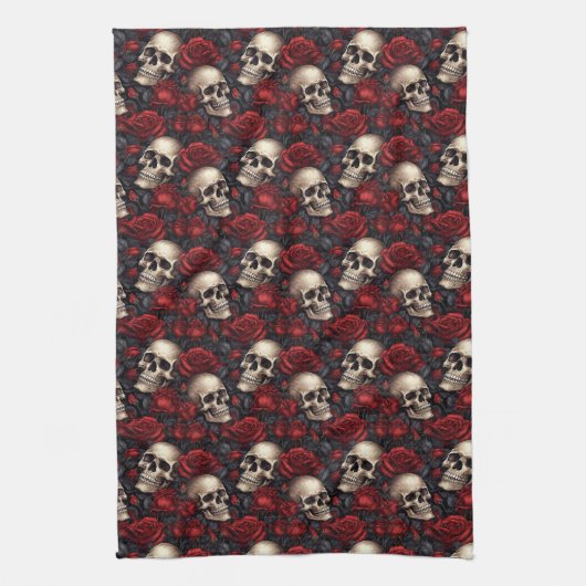 Een schedel en Rozen serie Design 10 Theedoek (Verticaal)