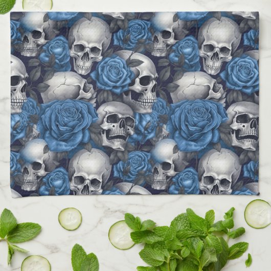 Een schedel en Rozen serie Design 12 Theedoek (Gevouwen)