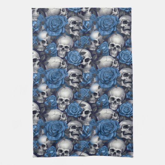 Een schedel en Rozen serie Design 12 Theedoek (Verticaal)