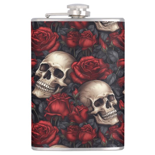 Een Schedel en Rozen Serie Ontwerp 10 Heupfles (Voorkant)